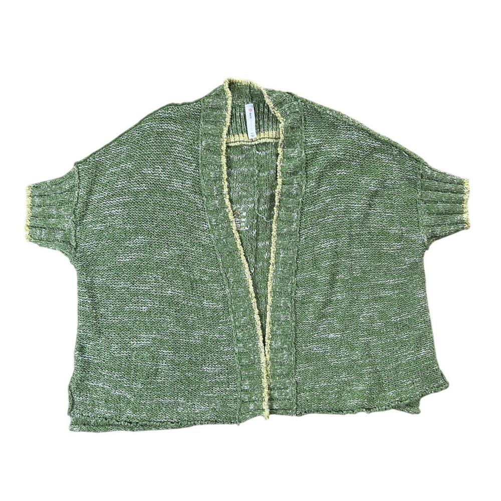 Anthropologie Olive Green Open-Front Short Sleeve Cardigan with Cream Trim